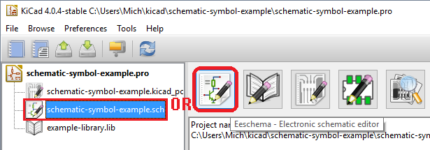 Screenshot showing how to open the schematic editor, either by double clicking the .sch file on the left, or by clicking the 'Schematic editor' button on the right.